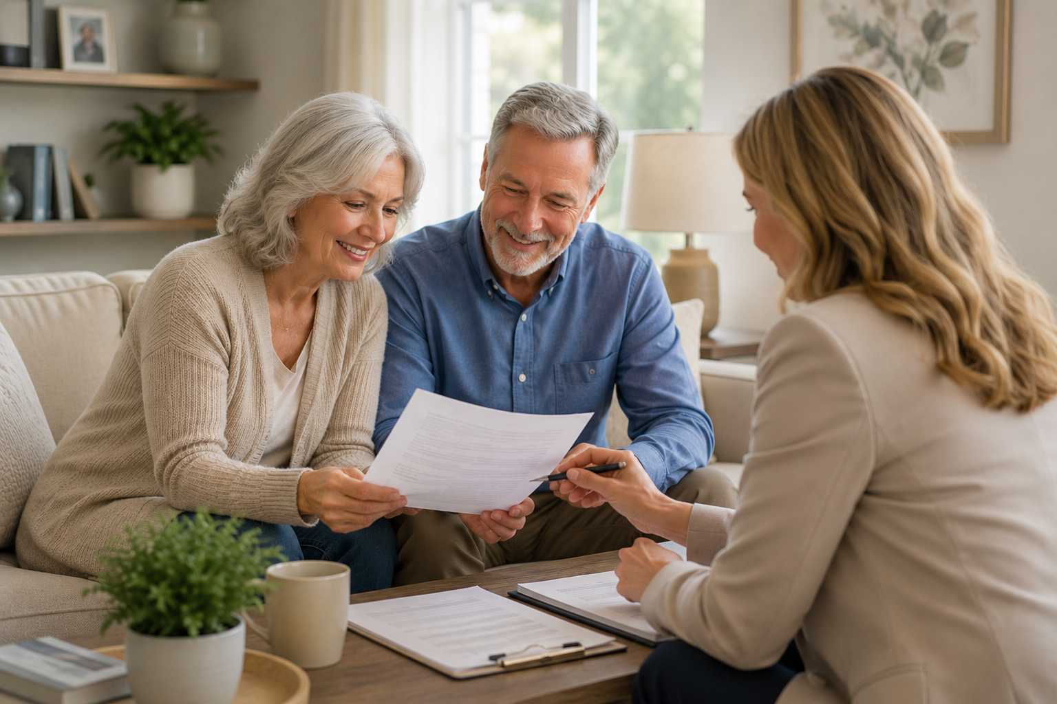 Older white couple meeting with a legal document preparer in their own home.