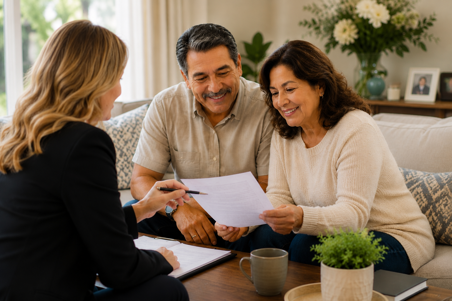 Older latino couple meeting happily meeting with a legal document preparer in their own home.
