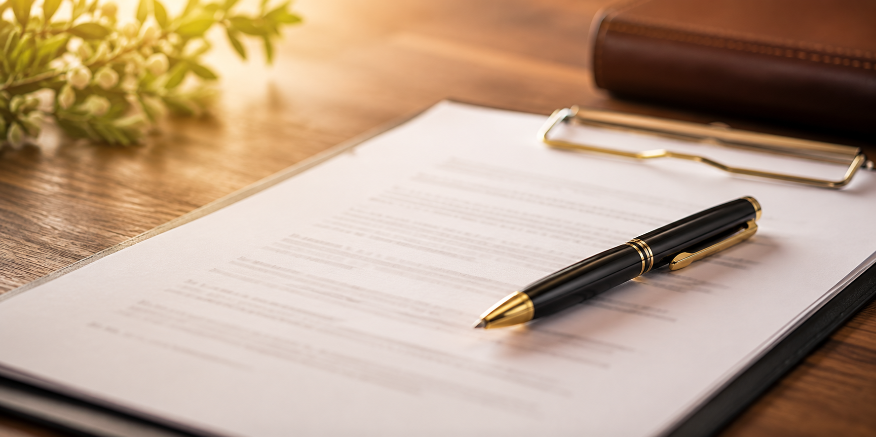 Legal document arranged on a desk for review with a classy pen resting on top of the document.