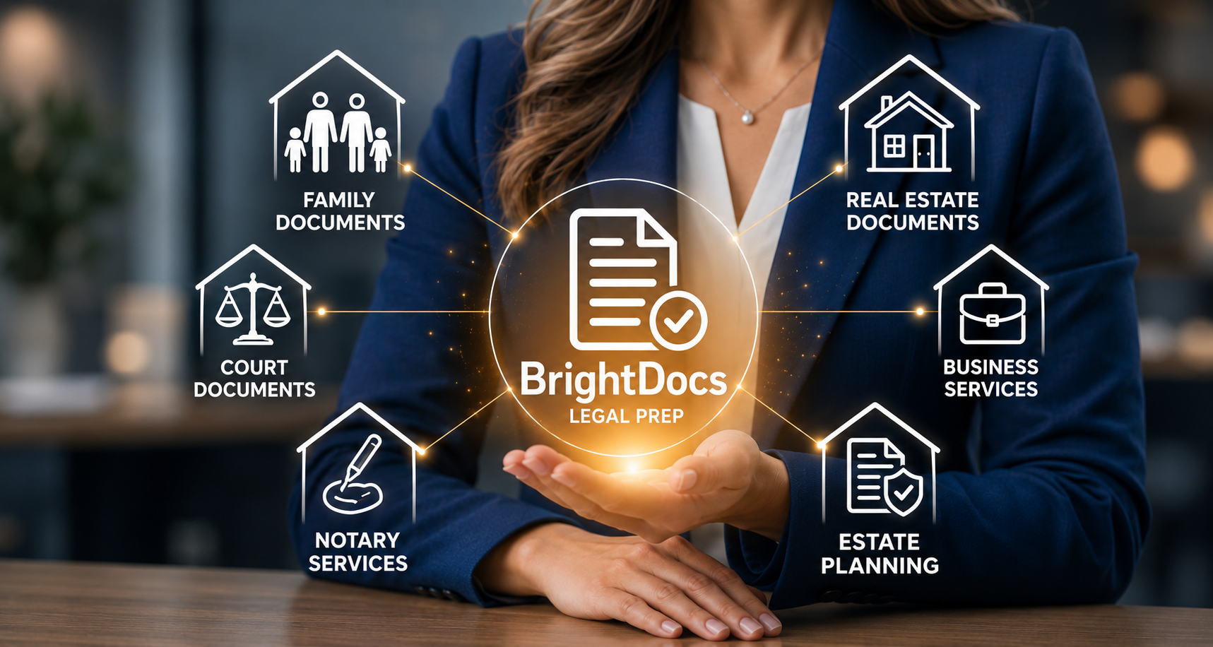 Professional woman presenting BrightDocs Legal Prep services including estate planning, real estate documents, business services, court documents, family documents, and notary services.