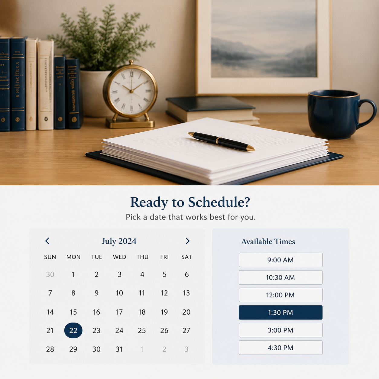 Organized desk with legal documents and a pen above a digital calendar displaying available appointment times, representing the process of scheduling a legal document consultation.